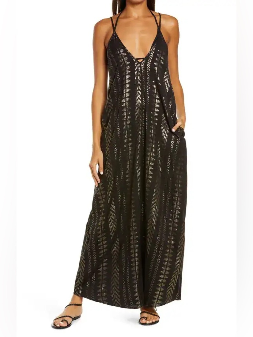 ELAN black metallic gold boho print strappy maxi resort sun dress / size M